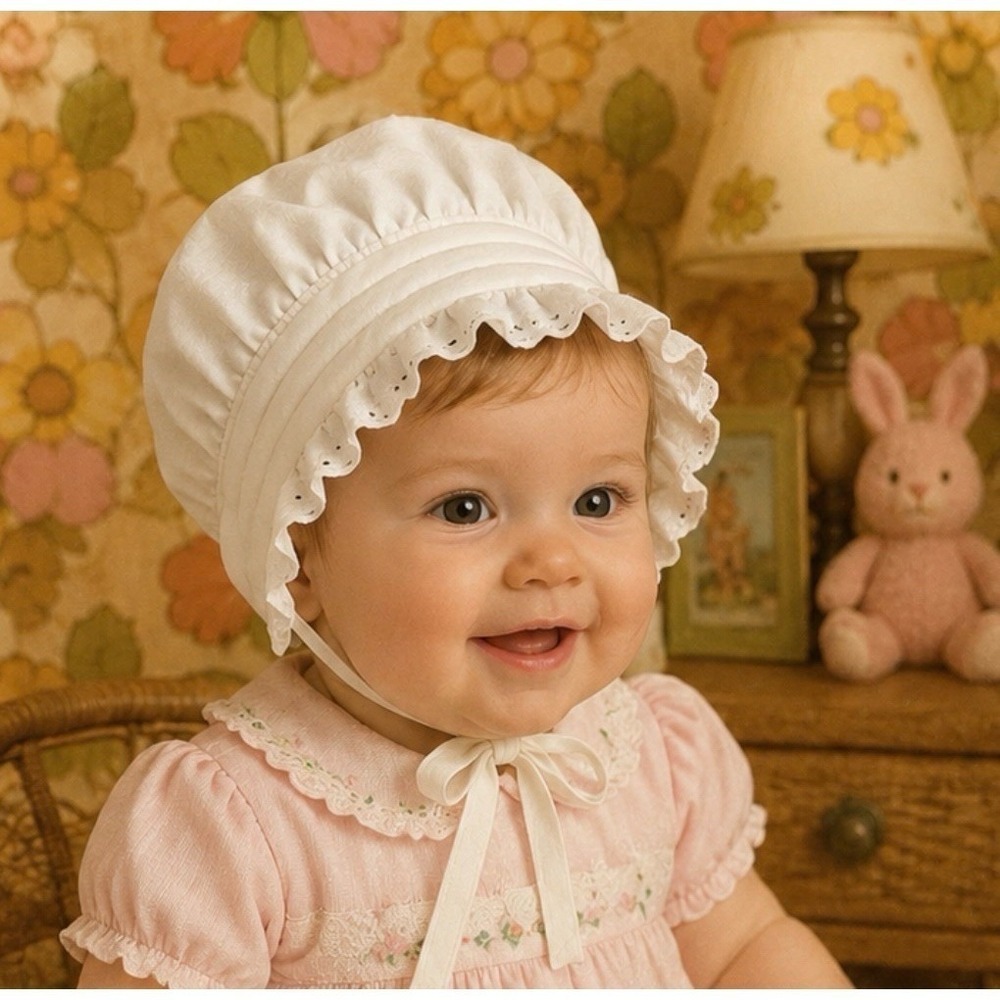 Snowie Soft Baby Bonnet Unisex White Eyelet Lace Ruffle Brim‎ Chin Ties heirloom